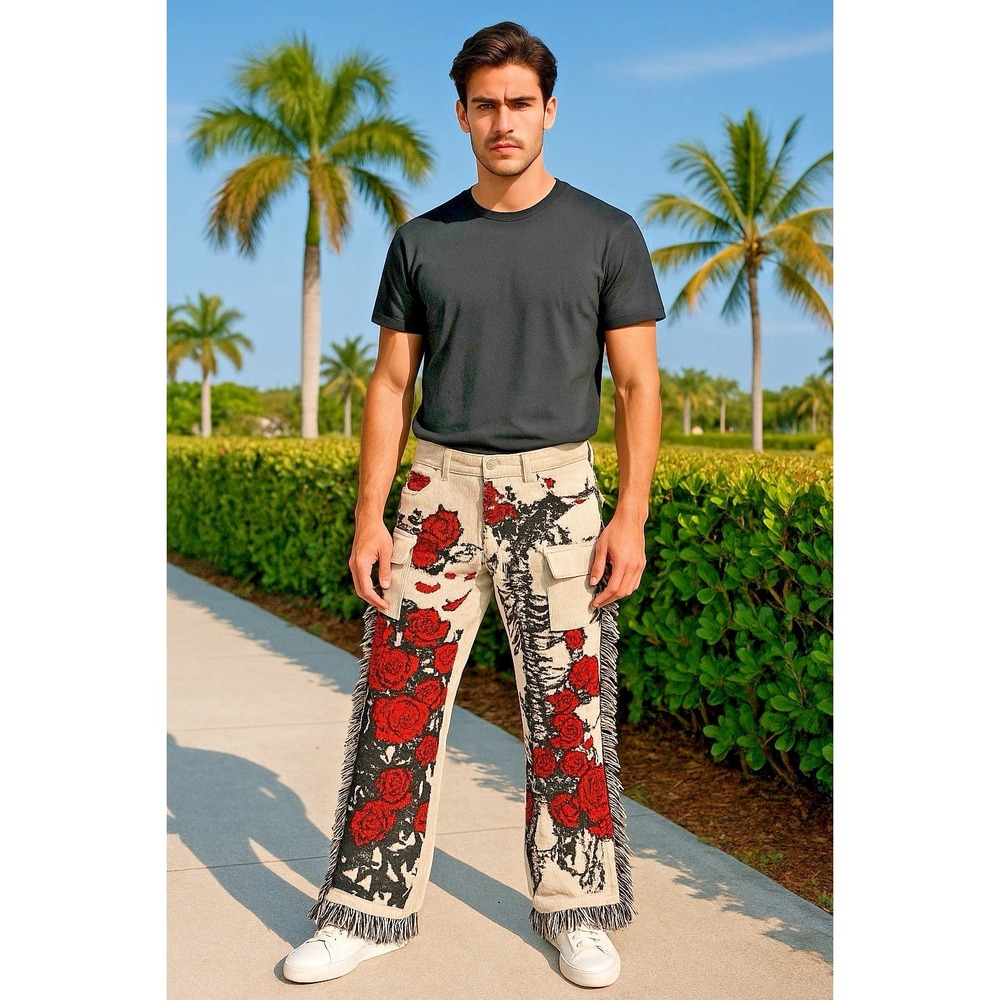 Guapi French Roses Tapestry Mid Rise Frayed Edge Cargo Pants Sz 40 Rare Eskeleto